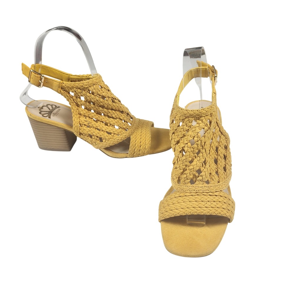 Fergalicious Viv Mustard Yellow Woven Macrame Block Heel Sandals Womens 7.5 M
